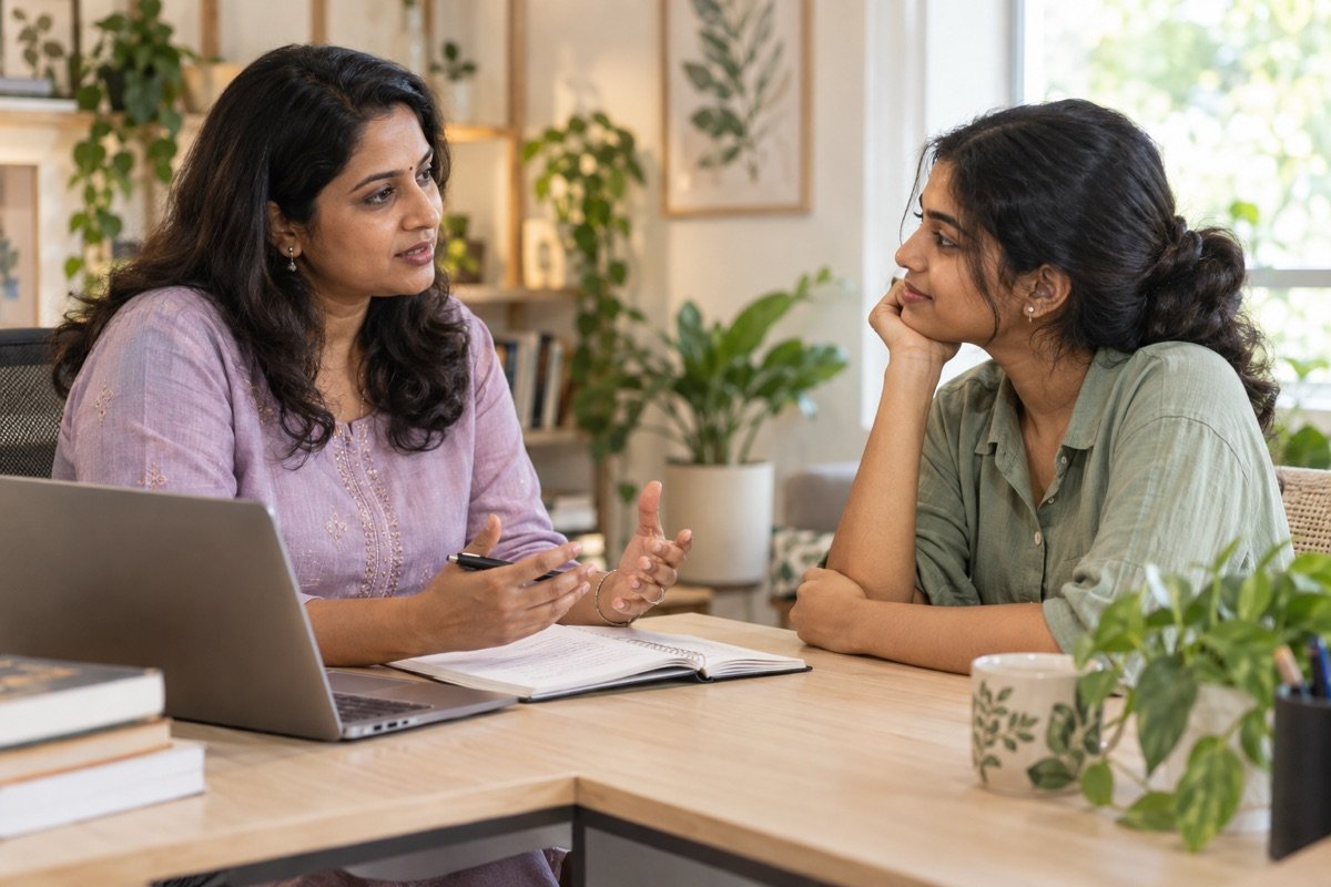 Illustrative South Indian student talking through her options with a counsellor.
